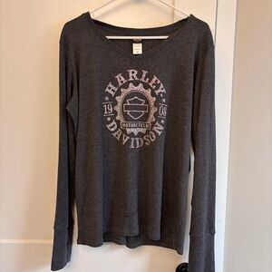 Harley-Davidson Charcoal V-Neck Tee with Faded Pink Graphic